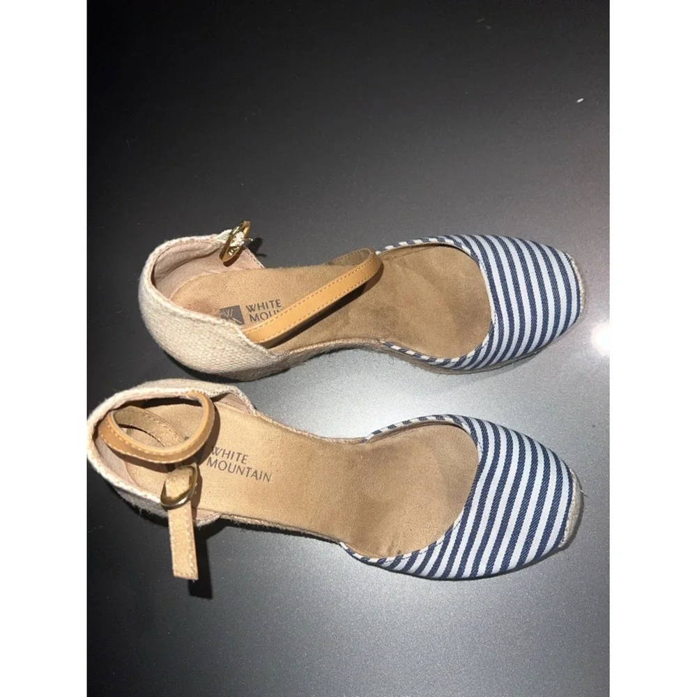 White Mountain Womens Blue White Striped Espadrille Wedge Sandals Ankle Strap